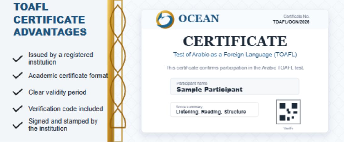 Sample Arabic TOAFL certificate from LKP Ocean