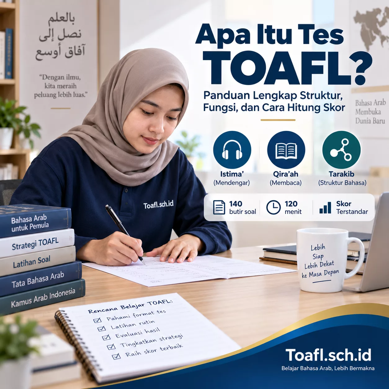 Apa Itu Tes TOAFL Panduan Lengkap Struktur dan Skor 1 Apa itu tes TOAFL dengan struktur istima, tarakib, qiraah, 140 butir soal, dan durasi 120 menit