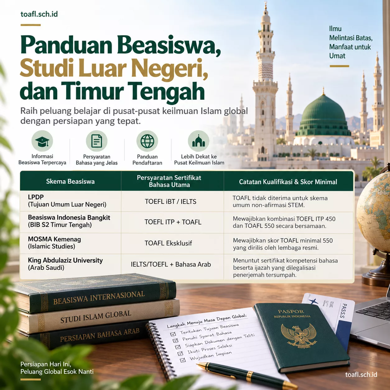 Panduan Beasiswa dan Studi Timur Tengah: Syarat Bahasa 1 Ilustrasi panduan beasiswa studi luar negeri dan Timur Tengah