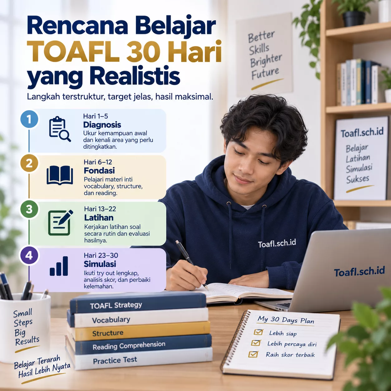 Rencana Belajar TOAFL 30 Hari yang Realistis 1 Rencana belajar TOAFL 30 hari dengan empat fase diagnosis, fondasi, latihan, dan simulasi