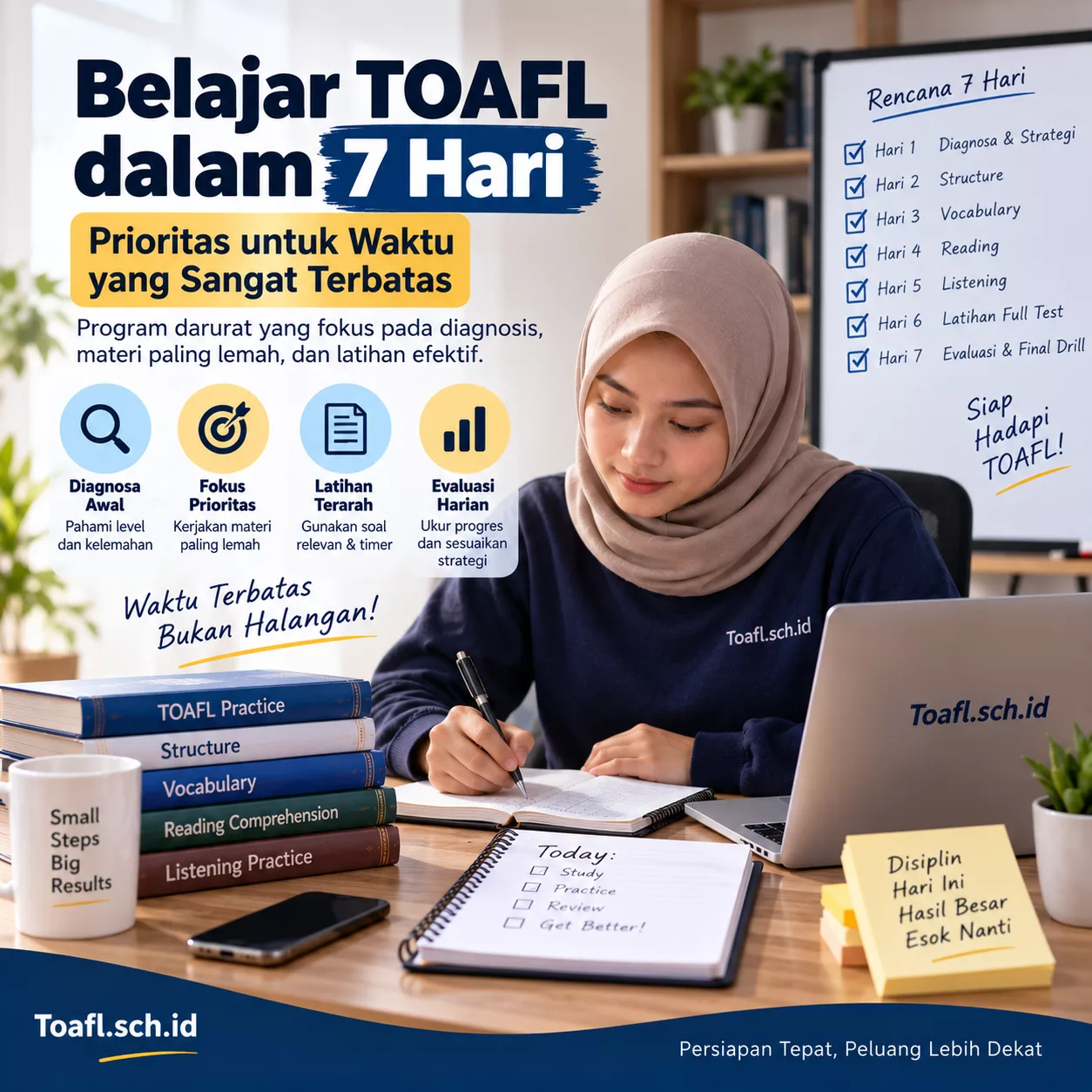 Belajar TOAFL 7 Hari dengan Prioritas Tepat 1 Program belajar TOAFL 7 hari dengan diagnosis istima tarakib dan qiraah