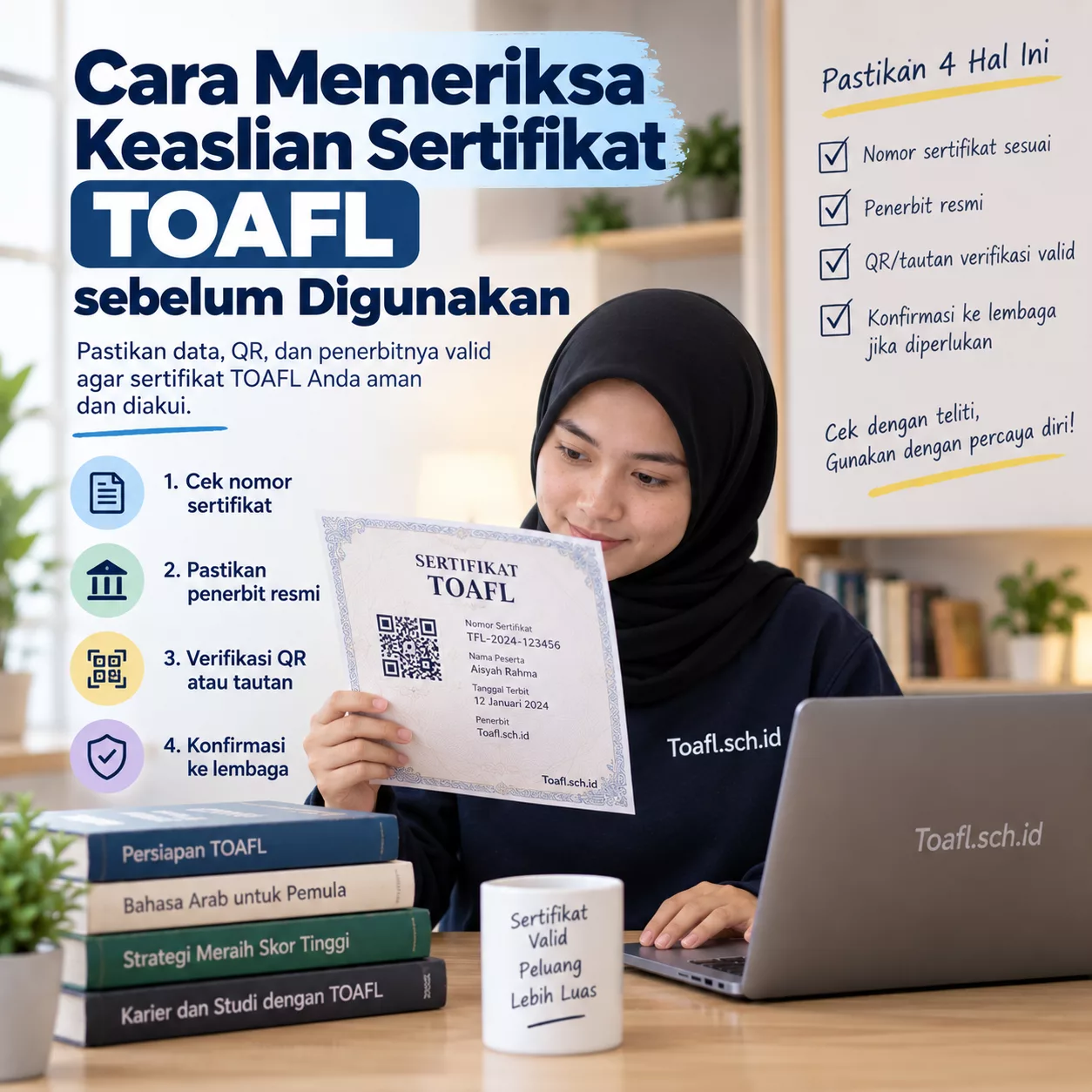 Cara Cek Sertifikat TOAFL agar Tidak Salah Verifikasi 1 Cara cek sertifikat TOAFL melalui nomor sertifikat, penerbit, QR atau tautan verifikasi, dan konfirmasi lembaga