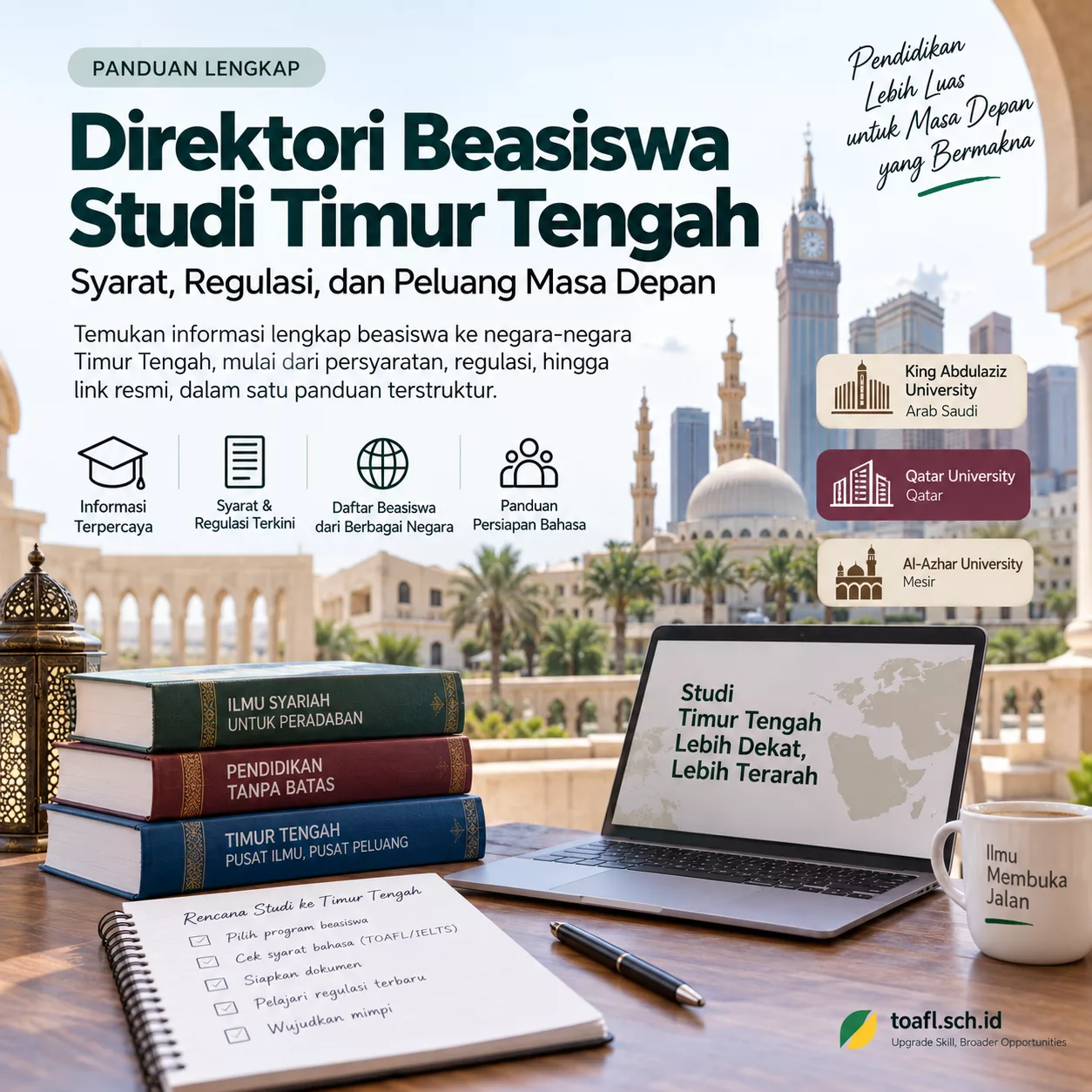 Direktori Beasiswa Studi Timur Tengah: Syarat & Regulasi 1 Ilustrasi panduan beasiswa studi Timur Tengah untuk Arab Saudi, Qatar, dan Mesir