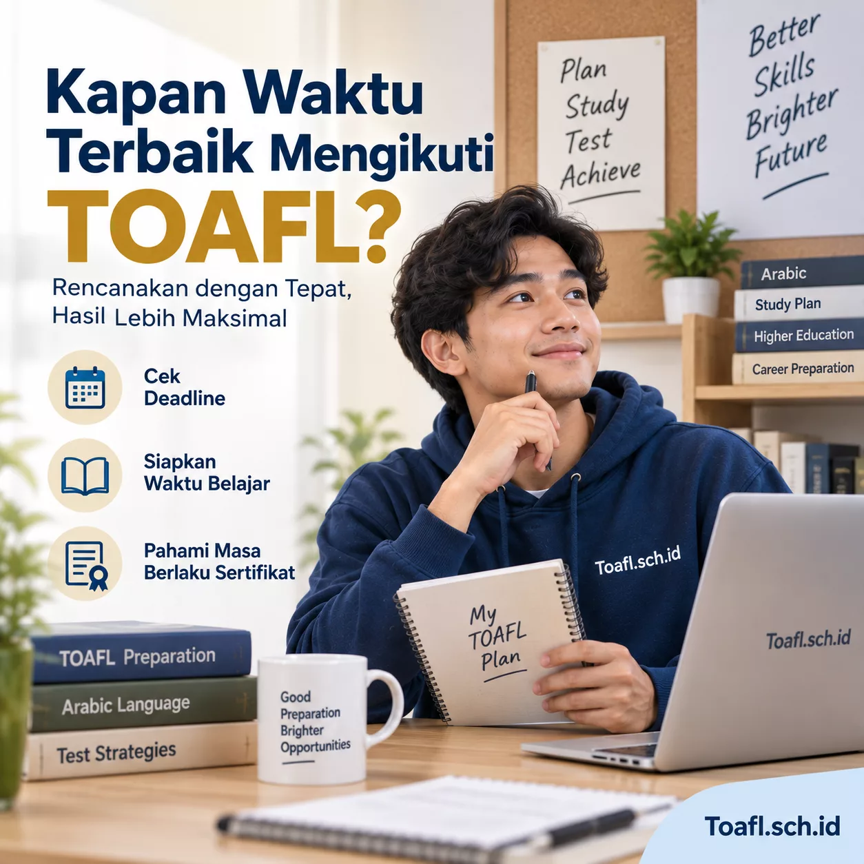 Kapan Waktu Terbaik Mengikuti TOAFL? 1 Mahasiswa merencanakan waktu terbaik mengikuti TOAFL dengan mempertimbangkan deadline, waktu belajar, dan kebutuhan sertifikat