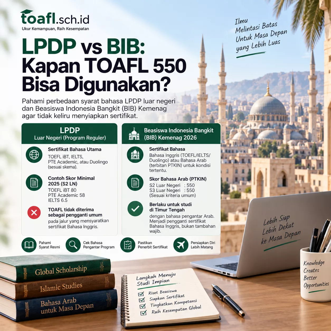 LPDP vs BIB: Kapan TOAFL 550 Bisa Digunakan? 1 Infografik perbedaan persyaratan bahasa LPDP luar negeri dan BIB Kemenag serta kondisi penggunaan skor Bahasa Arab 550