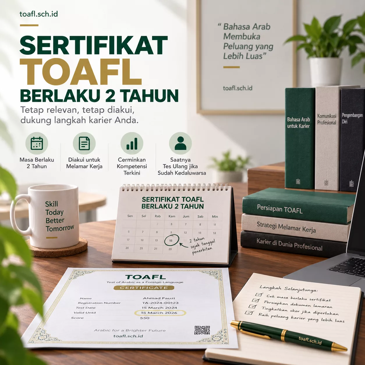 Masa Berlaku Sertifikat TOAFL untuk Melamar Kerja 1 Ilustrasi masa berlaku sertifikat TOAFL untuk melamar kerja dengan kalender, sertifikat, dan checklist persyaratan