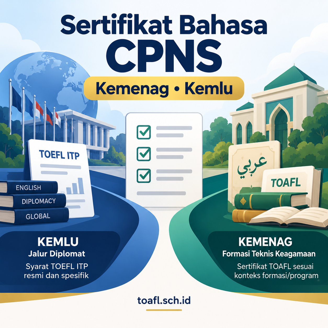 Syarat Sertifikat Bahasa CPNS Kemenag dan Kemlu 1 Ilustrasi panduan sertifikat bahasa CPNS Kemenag dan Kemlu, membandingkan TOEFL ITP dan TOAFL