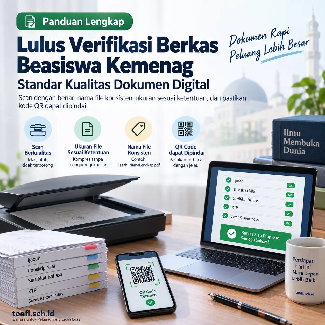 Panduan Lulus Verifikasi Berkas Beasiswa Kemenag 1 Ilustrasi persiapan dokumen digital beasiswa Kemenag dengan scan berkas, penamaan file, kompresi, dan pengecekan QR