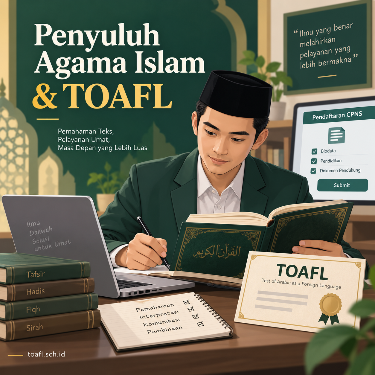 Penyuluh Agama Islam CPNS: Mengapa TOAFL Diutamakan? 1 Ilustrasi calon Penyuluh Agama Islam mempelajari teks keislaman dan sertifikat TOAFL untuk persiapan CPNS