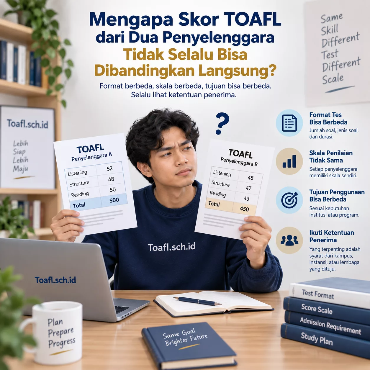 Perbandingan Skor TOAFL Jangan Hanya Lihat Angka 1 Pemilik dua sertifikat membandingkan skor TOAFL dari penyelenggara berbeda berdasarkan format tes, skala penilaian, dan ketentuan penerima