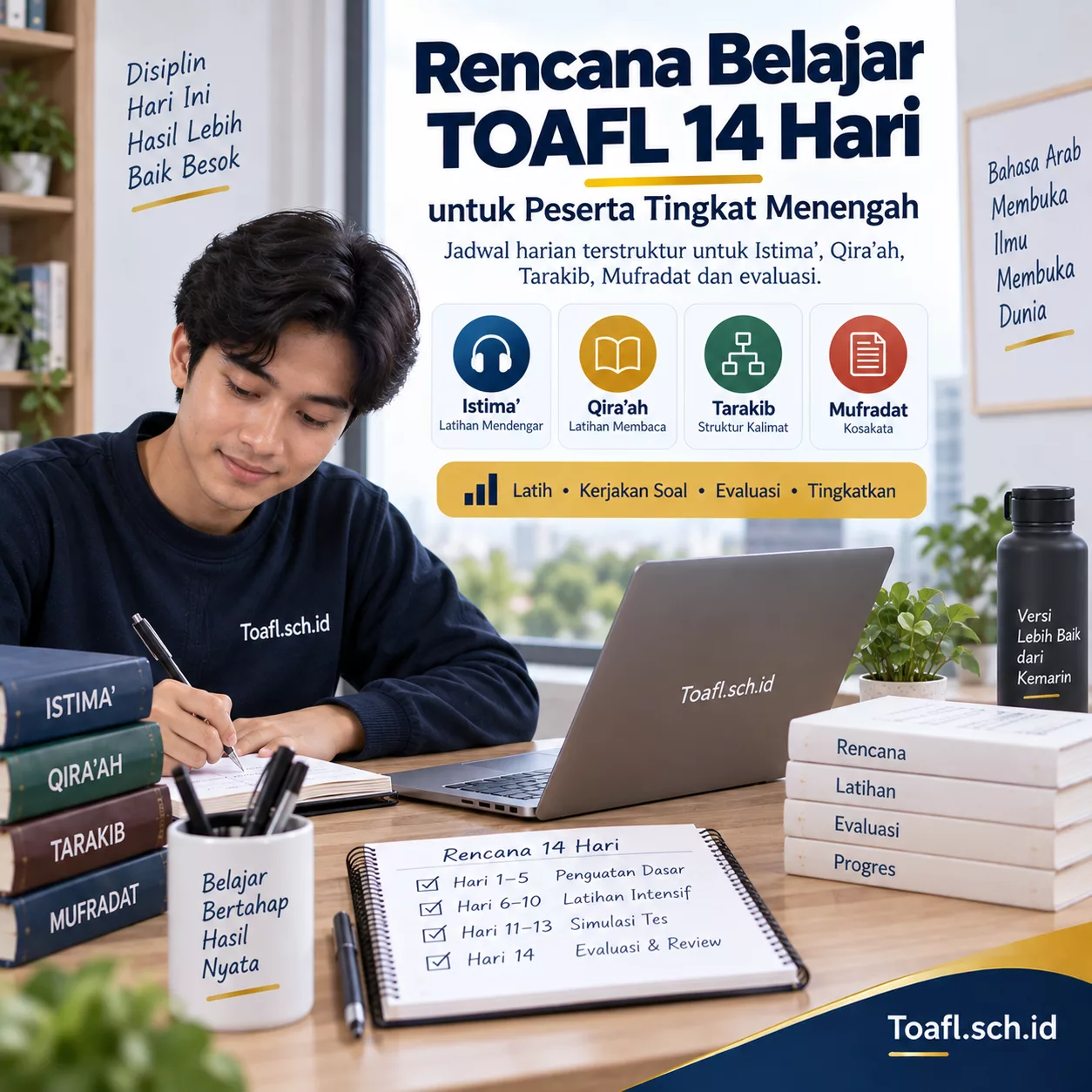 Rencana Belajar TOAFL 14 Hari untuk Tingkat Menengah 1 Rencana belajar TOAFL 14 hari untuk mahasiswa tingkat menengah dengan latihan Istima Tarakib Qiraah dan evaluasi