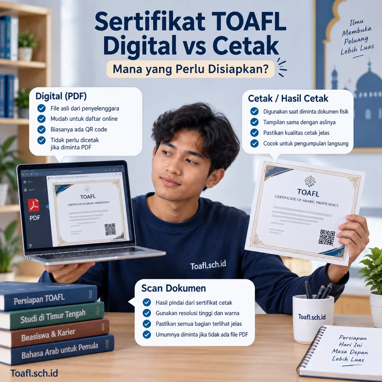 Sertifikat TOAFL Digital vs Cetak untuk Pelamar Online 1 Pelamar online membandingkan sertifikat TOAFL digital PDF, cetak, dan hasil scan