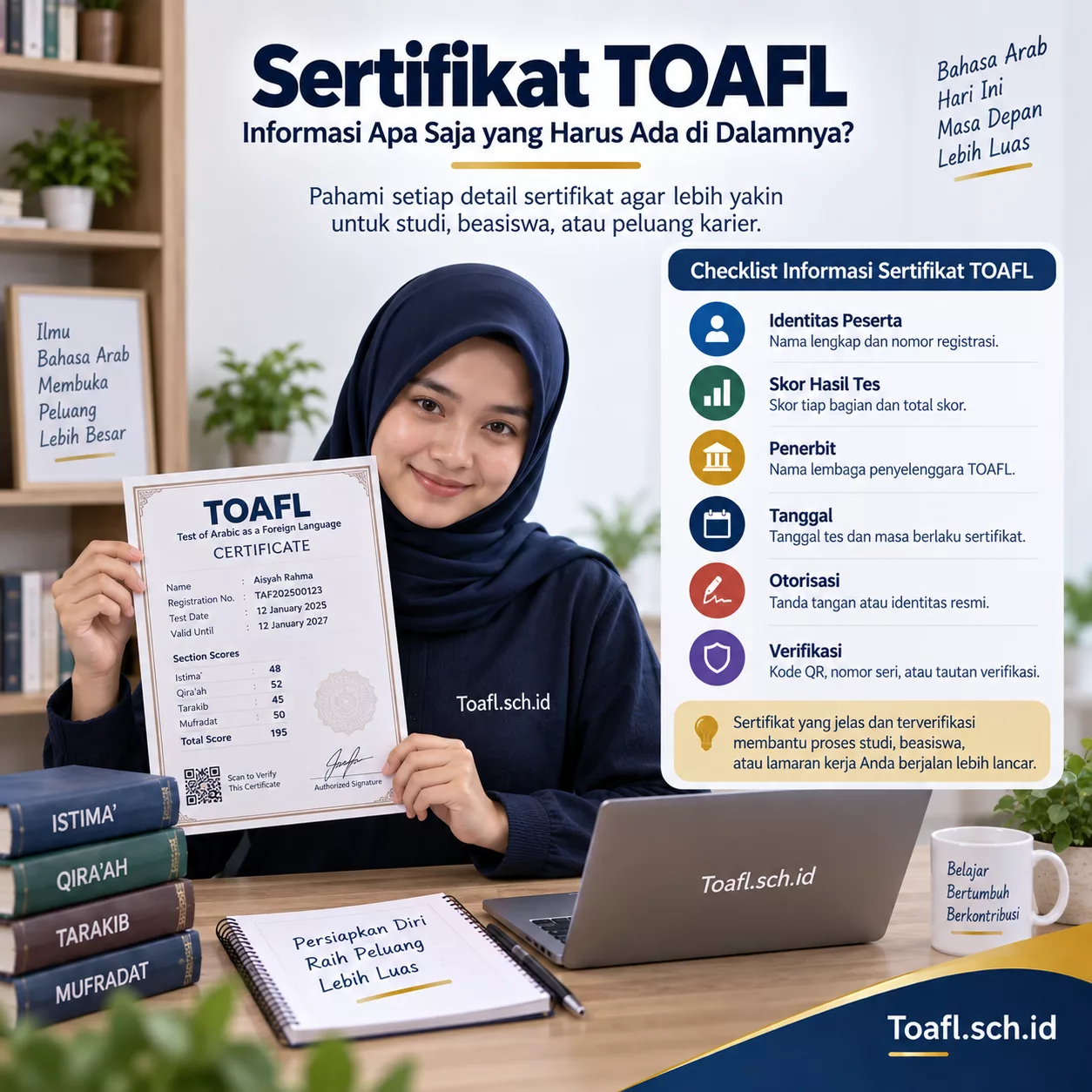 Sertifikat TOAFL dan Informasi Penting di Dalamnya 1 Checklist sertifikat TOAFL mencakup identitas peserta skor penerbit tanggal otorisasi dan verifikasi