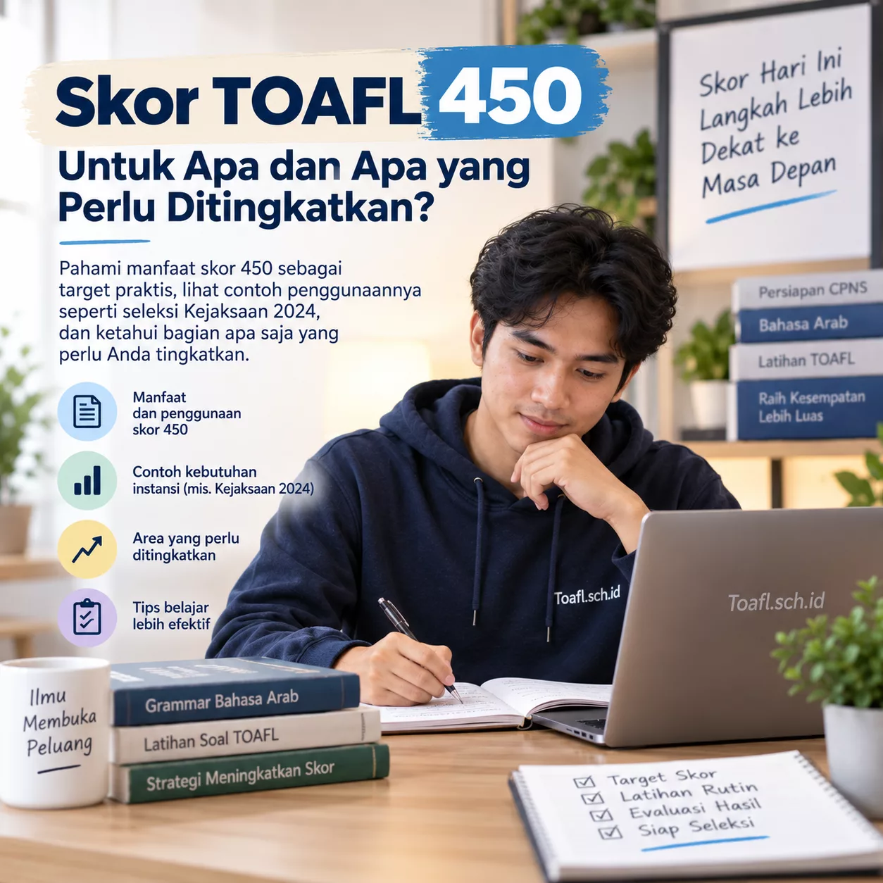Skor TOAFL 450 untuk Apa dan Cara Meningkatkannya 1 Skor TOAFL 450 sebagai target praktis dan strategi meningkatkan kemampuan bahasa Arab