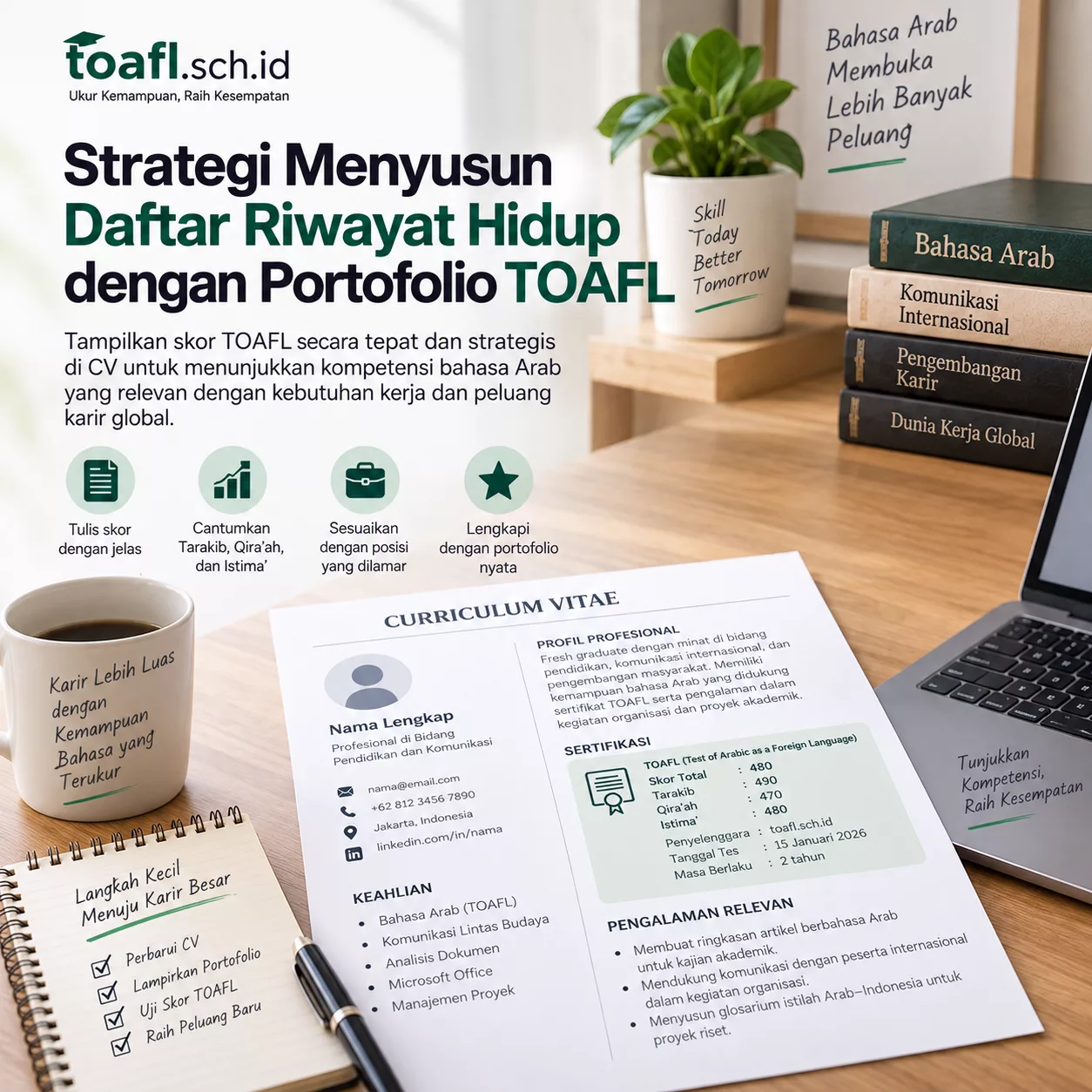 Cara Menulis Skor TOAFL di CV dan Portofolio 1 Ilustrasi CV profesional yang menampilkan skor TOAFL dan portofolio kemampuan bahasa Arab