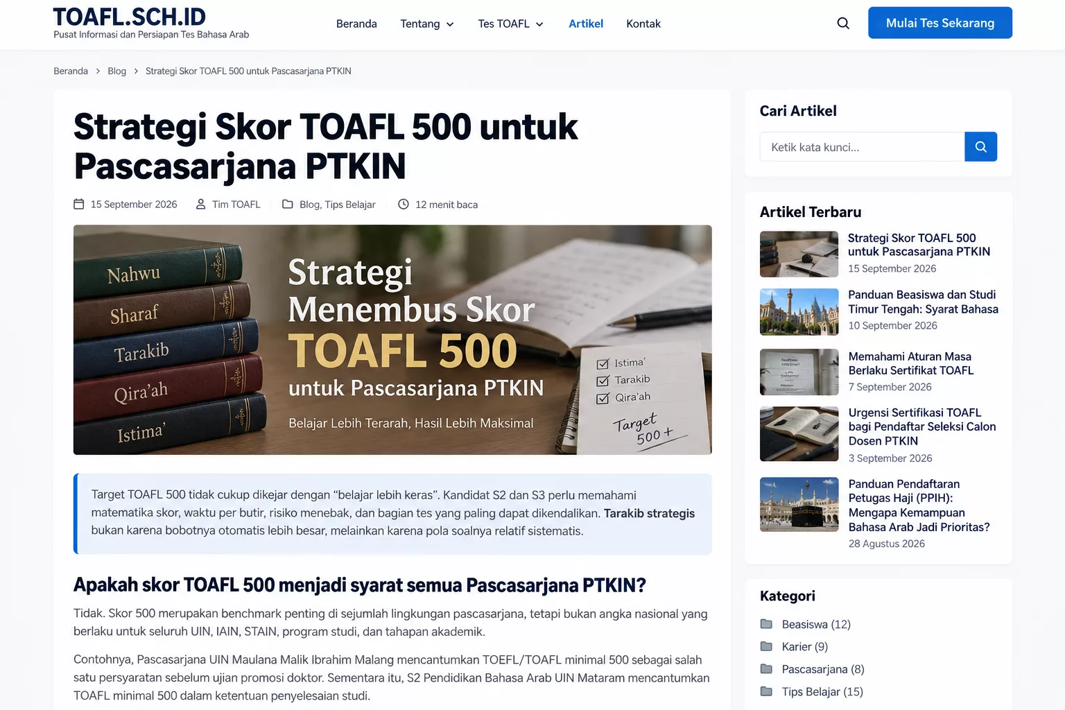 Strategi Matematika Tes Menembus Skor TOAFL 500 untuk Pascasarjana PTKIN 1 Ilustrasi strategi belajar TOAFL 500 untuk kandidat Pascasarjana PTKIN dengan fokus Istima, Tarakib, dan Qiraah