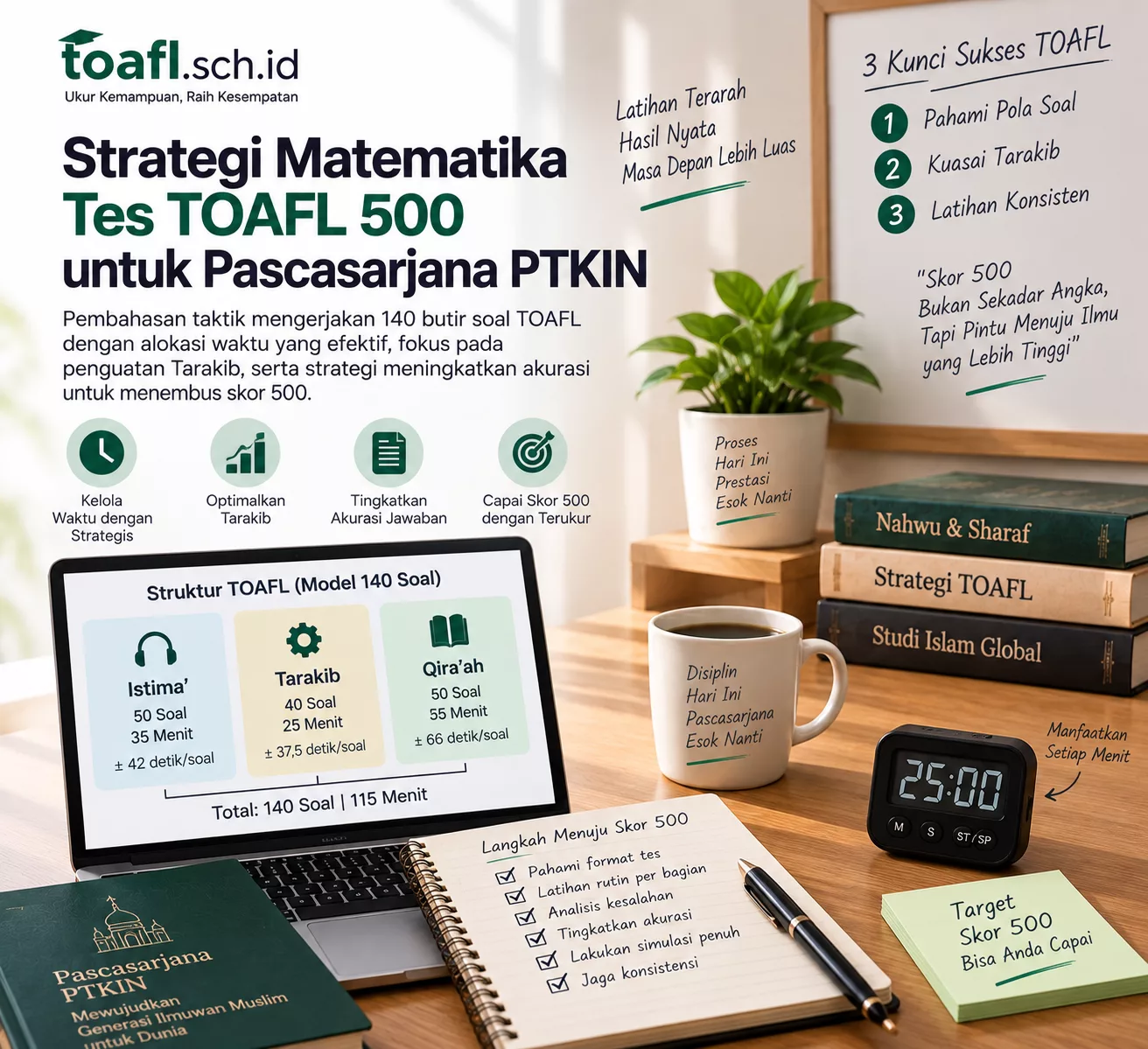 Strategi Matematika Tes TOAFL 500 untuk Pascasarjana 1 Infografik strategi waktu dan akurasi untuk mengejar skor TOAFL 500 pada persiapan pascasarjana PTKIN