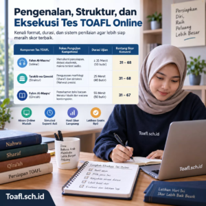 Infografis struktur tes TOAFL online dengan komponen istima, tarakib, qiraah, durasi, dan rentang skor