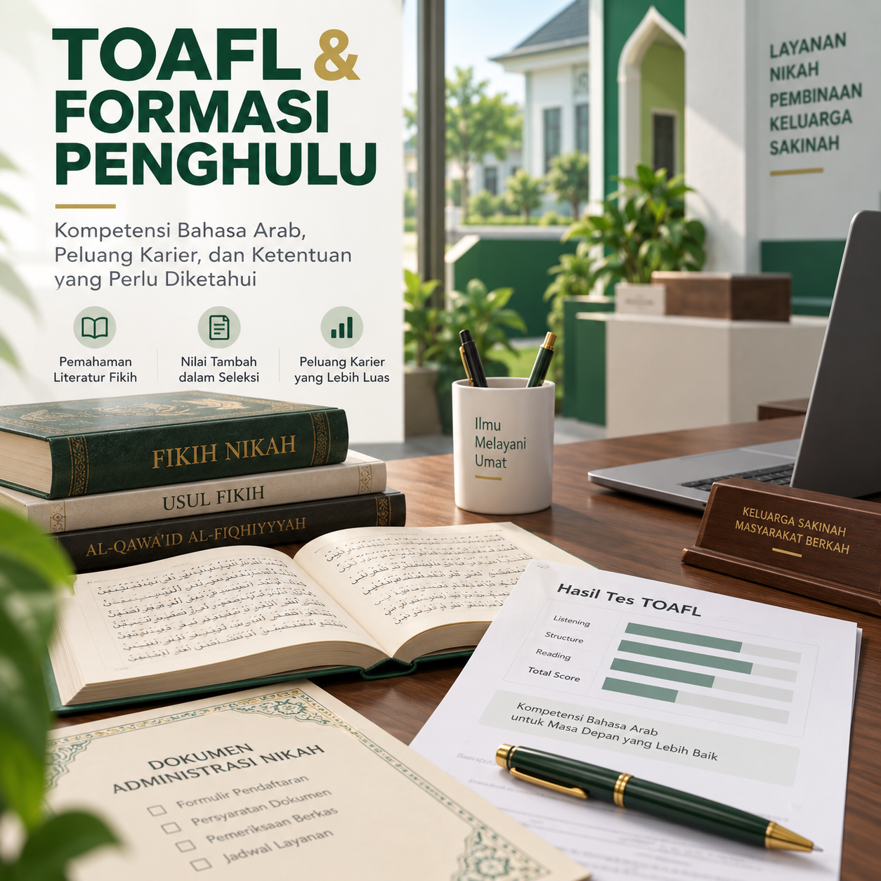 Syarat Skor TOAFL untuk Formasi Penghulu Kemenag 1 Ilustrasi kompetensi bahasa Arab TOAFL untuk calon Penghulu Kemenag dengan buku fikih dan dokumen administrasi nikah