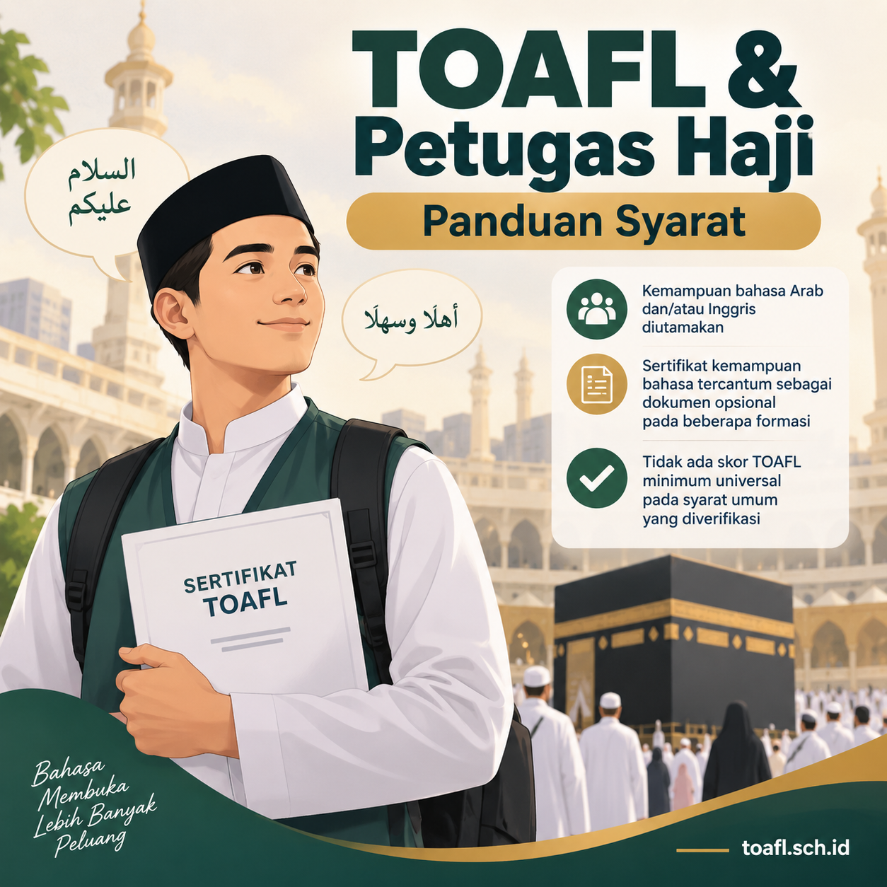 Syarat TOAFL untuk Petugas Haji: Wajib atau Tidak? 1 Ilustrasi panduan syarat TOAFL untuk petugas haji, kemampuan bahasa Arab, sertifikat bahasa, dan seleksi PPIH