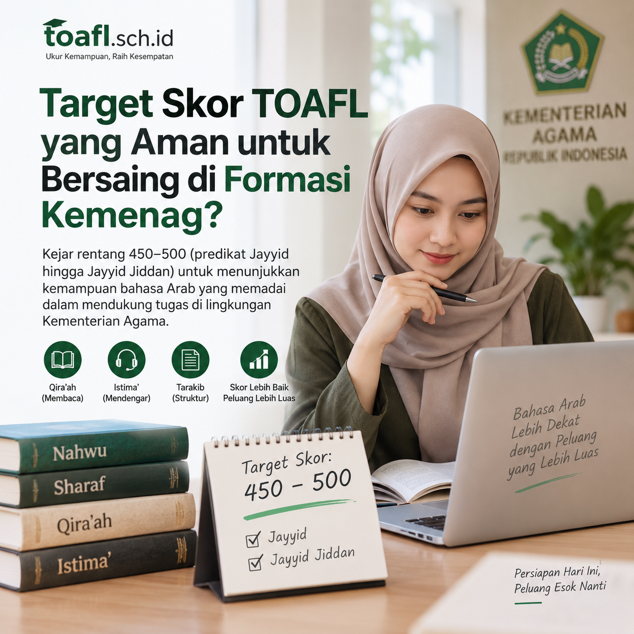 Target Skor TOAFL untuk Formasi Kemenag: 450–500? 1 Ilustrasi target skor TOAFL 450 sampai 500 untuk persiapan kemampuan bahasa Arab