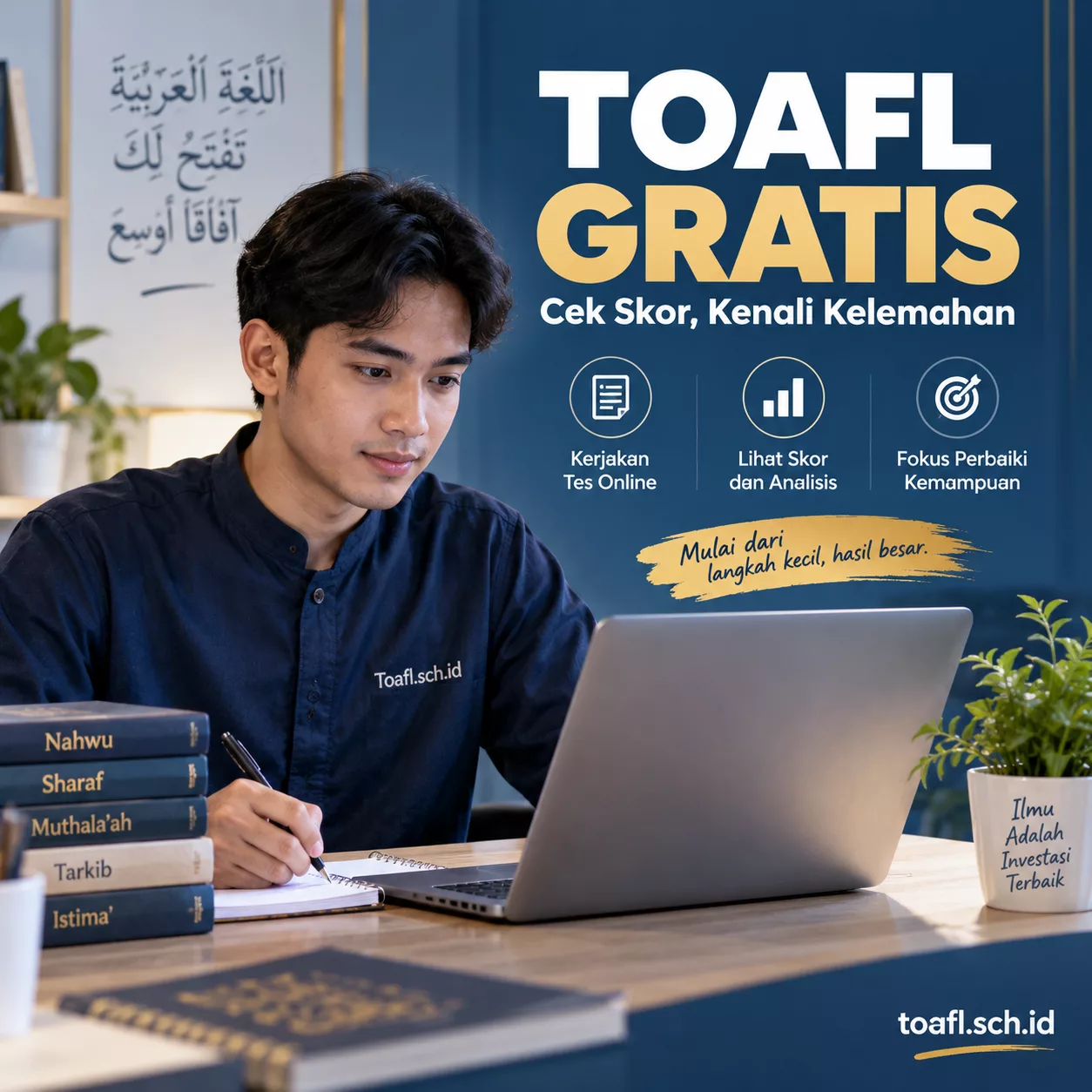 TOAFL Gratis untuk Cek Kemampuan Sebelum Tes Resmi 1 TOAFL gratis untuk cek skor dan mengenali kelemahan kemampuan bahasa Arab di Toafl.sch.id