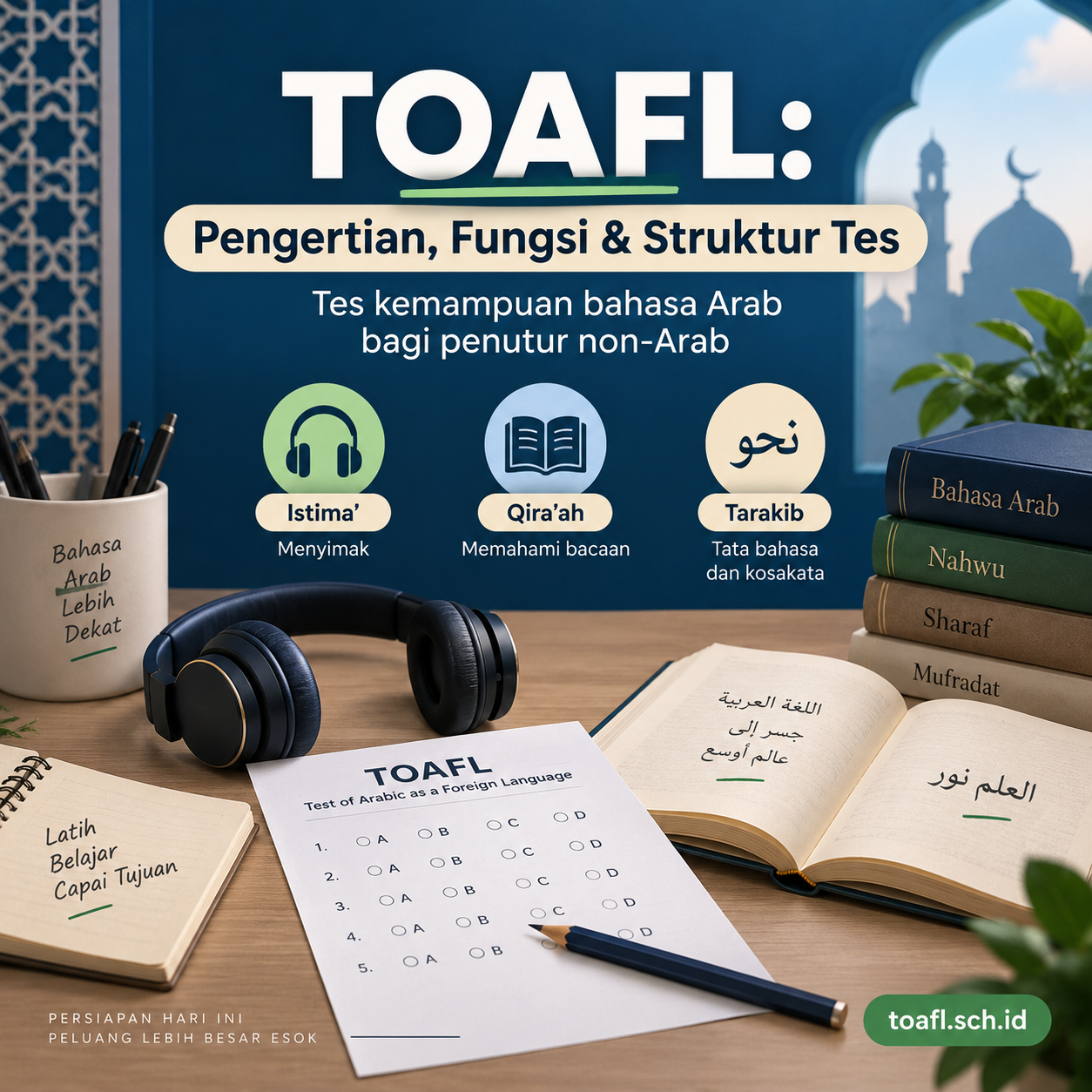 TOAFL: Pengertian, Fungsi, Struktur Tes, dan Persiapan 1 Ilustrasi TOAFL dengan komponen istima, qiraah, dan tarakib untuk pembelajar bahasa Arab