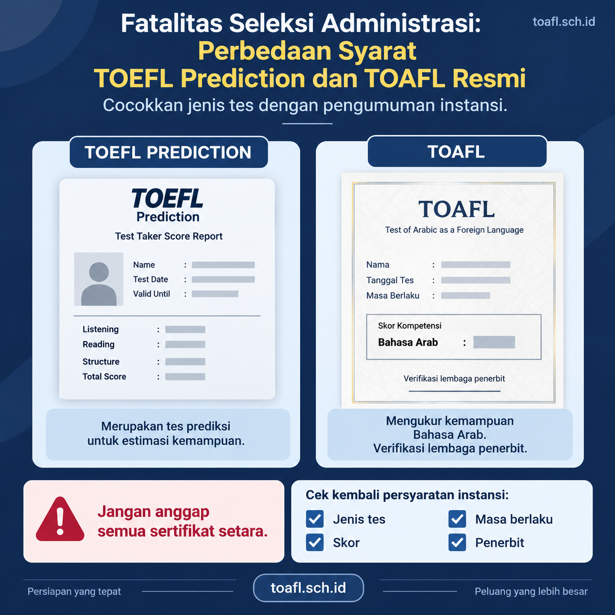 TOEFL Prediction vs TOAFL Resmi untuk Seleksi CPNS 1 Infografik perbedaan TOEFL Prediction dan TOAFL untuk memeriksa syarat sertifikat bahasa dalam seleksi administrasi CPNS
