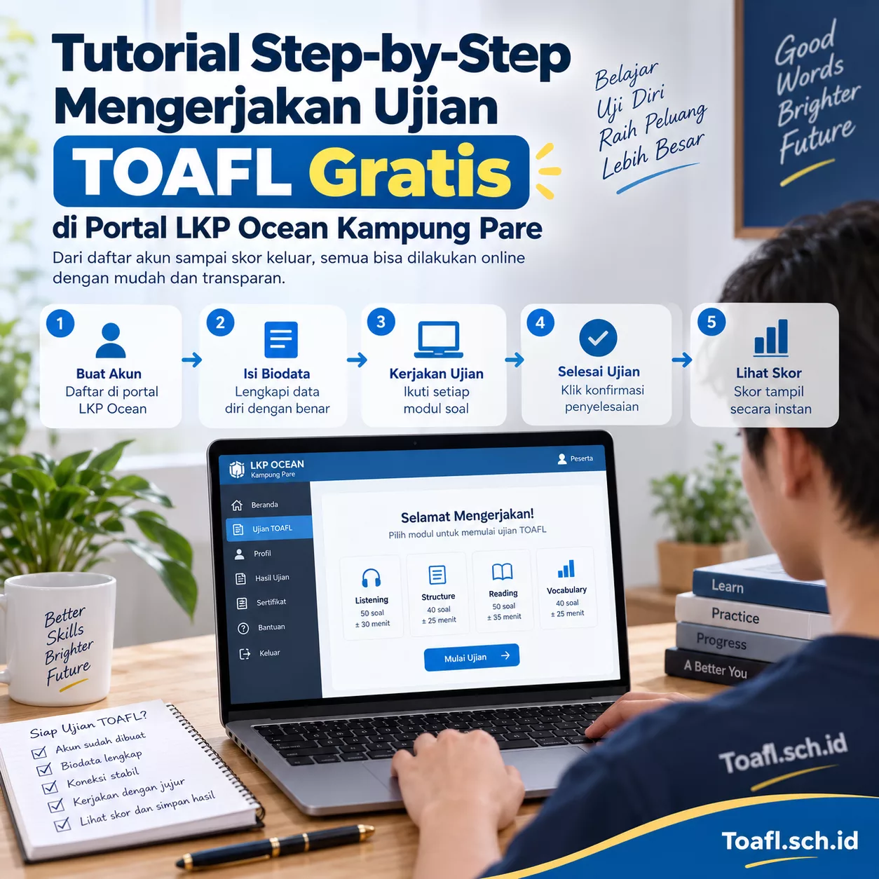 Tutorial Lengkap Ujian TOAFL Gratis di Portal LKP Ocean 1 Tutorial step-by-step mengerjakan ujian TOAFL gratis di Portal LKP Ocean Kampung Pare