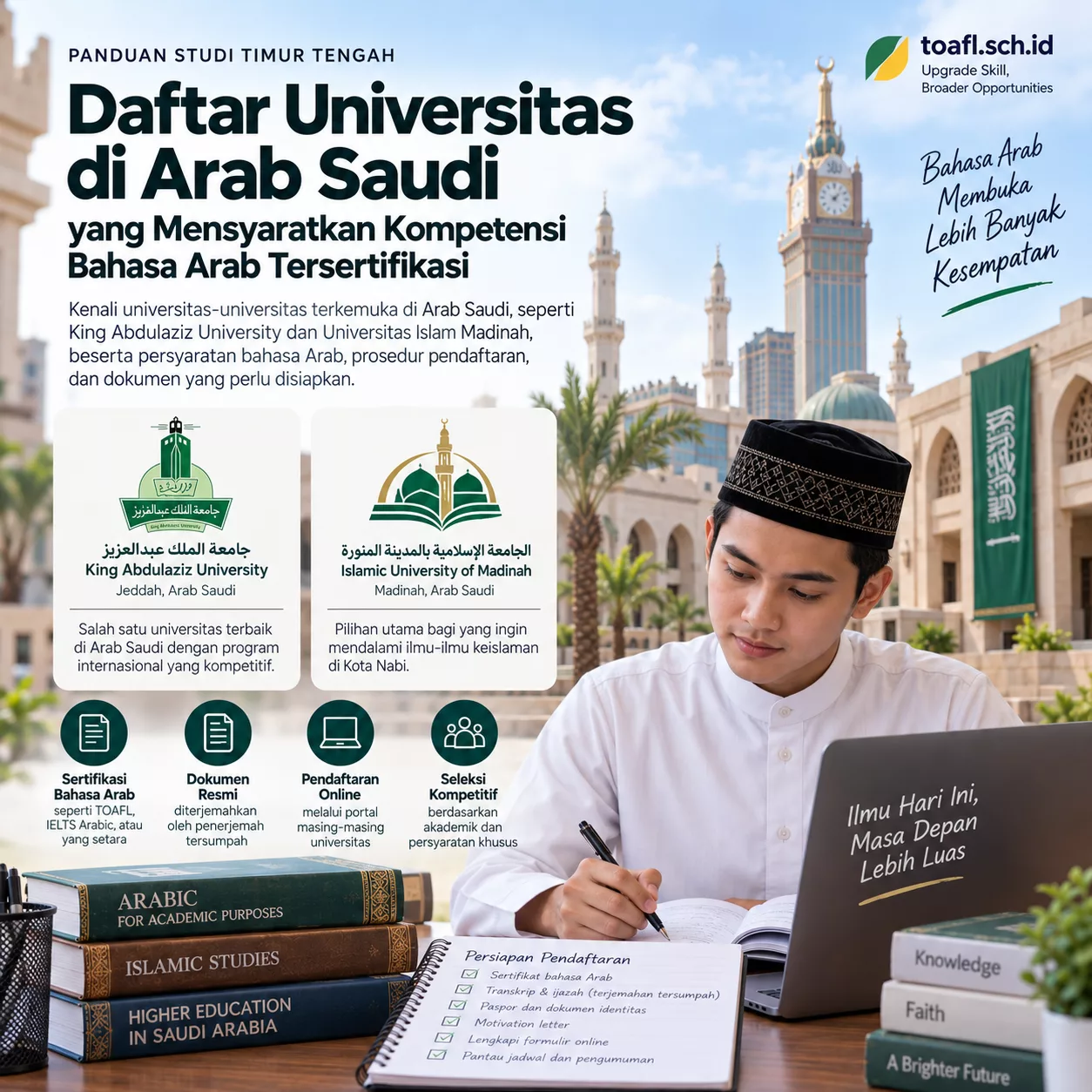 Universitas Arab Saudi dan Syarat Kompetensi Bahasa Arab 1 Ilustrasi persiapan studi di Arab Saudi dengan fokus kemampuan bahasa Arab dan dokumen pendaftaran