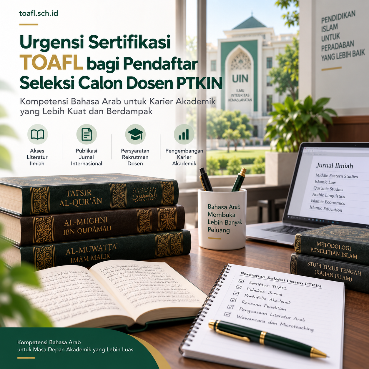 Urgensi Sertifikasi TOAFL bagi Calon Dosen PTKIN 1 Ilustrasi sertifikasi TOAFL untuk calon dosen PTKIN dengan buku kajian Islam, laptop, jurnal ilmiah, dan rencana akademik