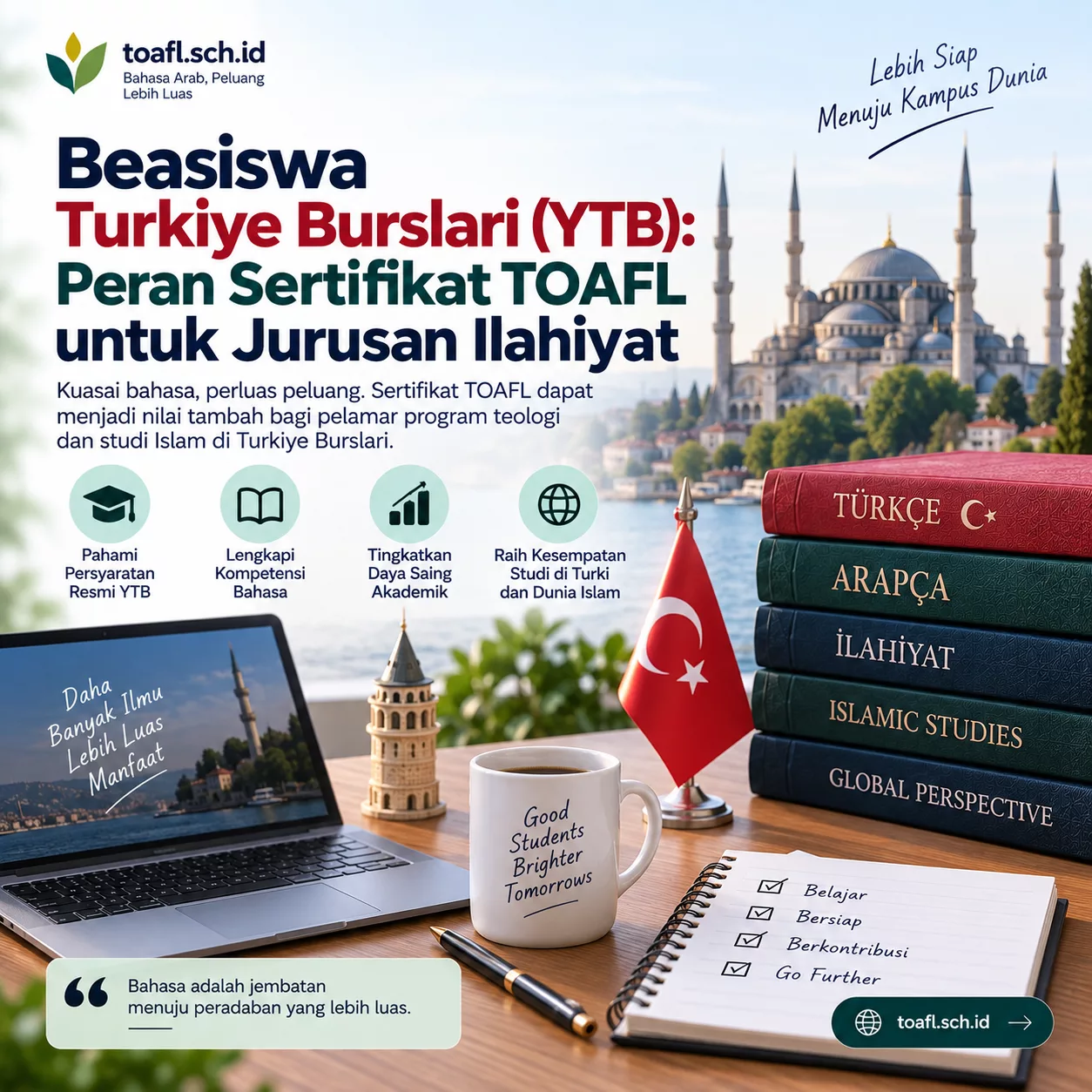 Beasiswa Türkiye Burslari: Relevansi TOAFL untuk Ilahiyat 1 Ilustrasi persiapan beasiswa Turkiye Burslari untuk jurusan Ilahiyat dengan buku Bahasa Arab, bahasa Turki, dan TOAFL